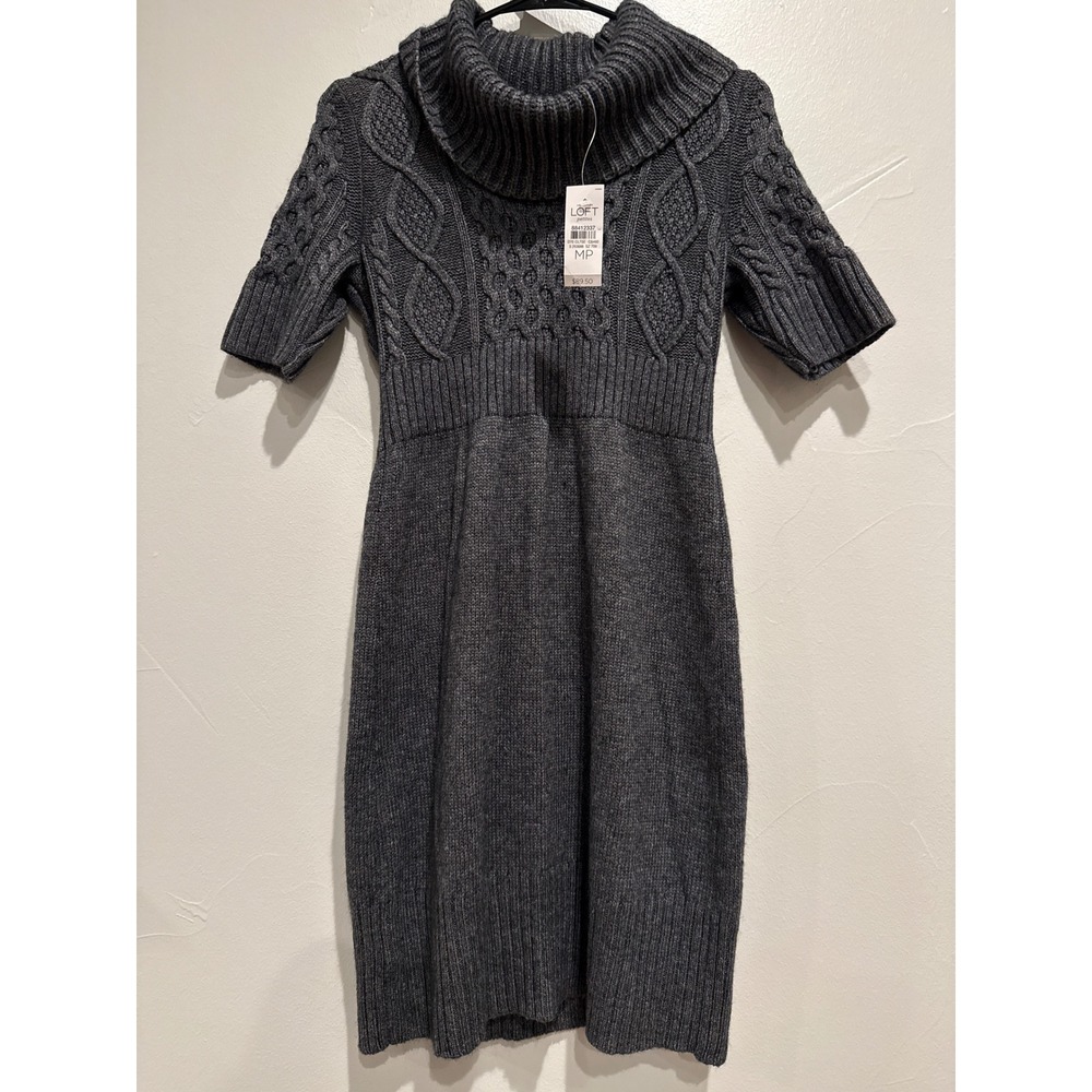 Ann Taylor Loft NWT Gray Cable Knit Cowl Neck Sweater Dress Petite MP 88412337